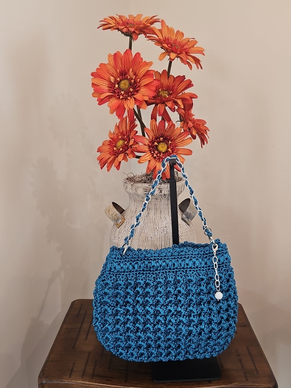 Handcrocheted Teal Crochet Chain-Handle Women's Evening Bag.  Handmade By Me!